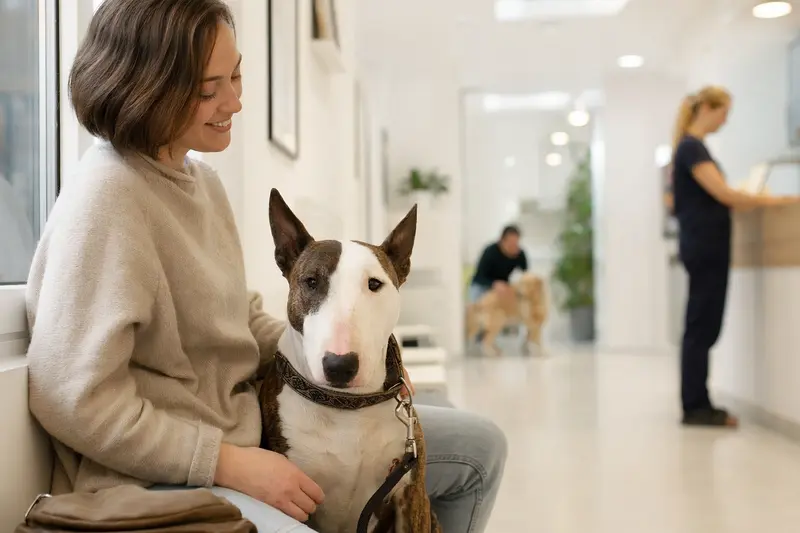 Ein Bullterrier sitzt ruhig neben seinem Besitzer im hellen Wartezimmer einer modernen Tierarztpraxis.